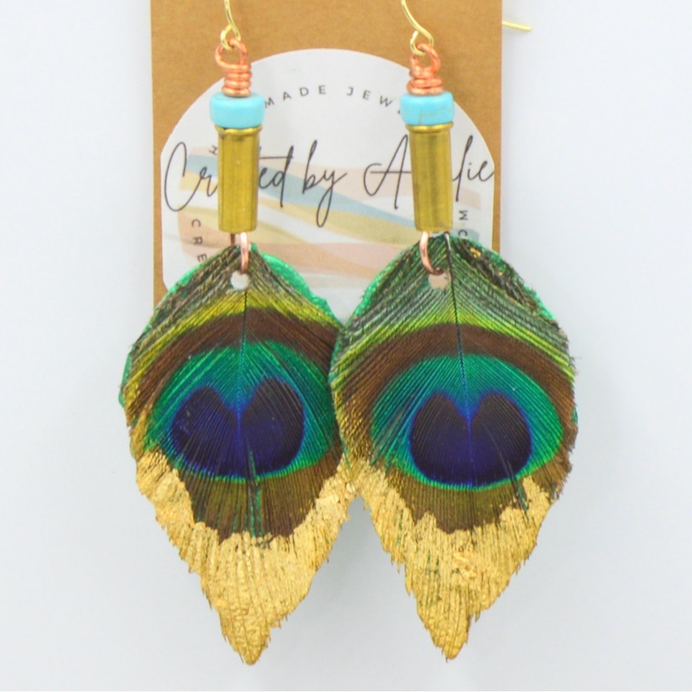 Hand Made Peacock Feather and Leather Earrings - Picture 2 of 6